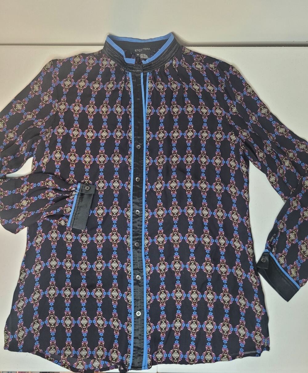 ETCETERA 100% Silk Long Sleeve Button Up Patterned Mandarin Collar Blouse|Sz 10|